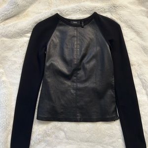 Theory Bristol Leather Raglan Top Black Stretch Knit Size Small Long Sleeve